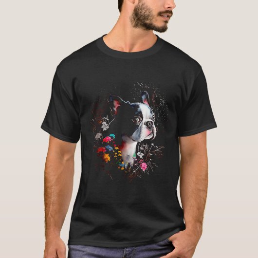 Waterverf Boston Terrier met bloemen Bostie 4 T-shirt (Voorkant)