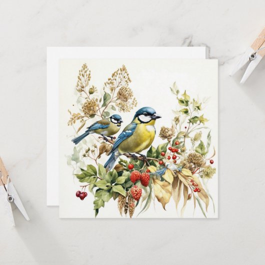 Waterverf bosvogels en wilde bessen kaart (Voorkant / Achterkant in situ)