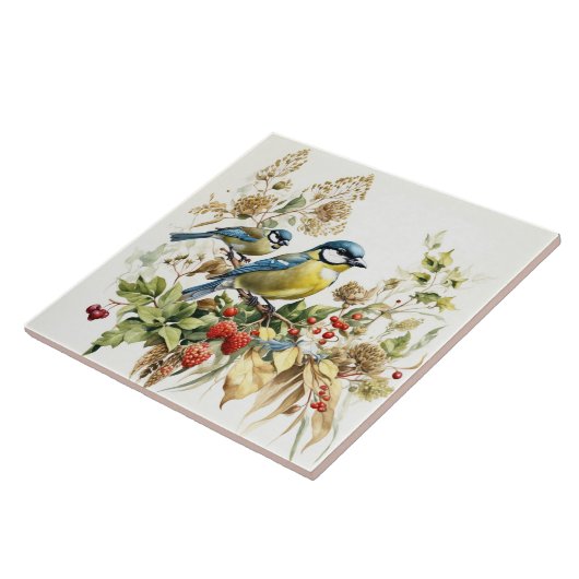 Waterverf bosvogels en wilde bessen tegeltje (Zijkant)