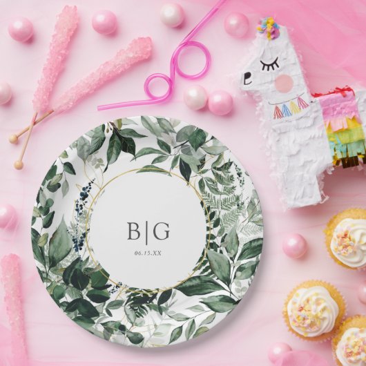 Waterverf Botanic Greenery loof bruiloft Papieren Bordje (Feest)