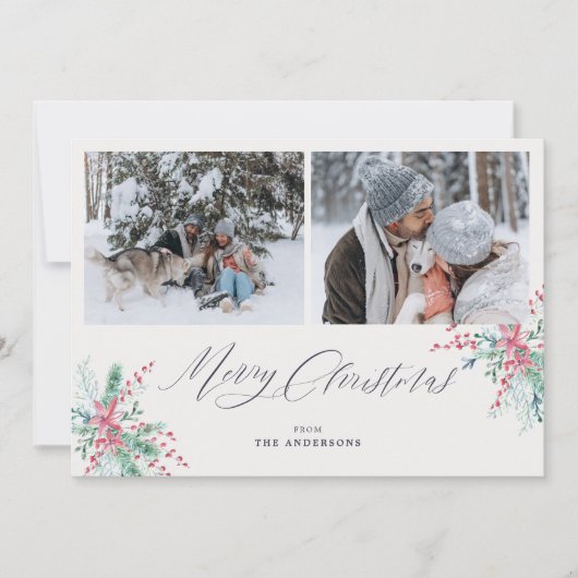 Waterverf Botanical 2 foto's Vrolijk Kerstfeest Feestdagenkaart (Voorkant)