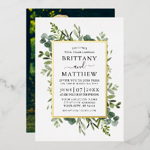 Waterverf Botanical Greenery Foto Wedding Gold Folie Uitnodiging
