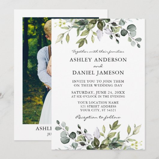 Waterverf Botanical Greenery Photo Wedding Kaart (Voorkant / Achterkant)