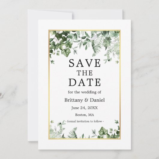 Waterverf Botanical Ivy Ferns Sage Green Gold Save The Date (Voorkant)