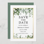 Waterverf Botanical Ivy Ferns Sage Green Gold Save The Date (Voorkant / Achterkant)
