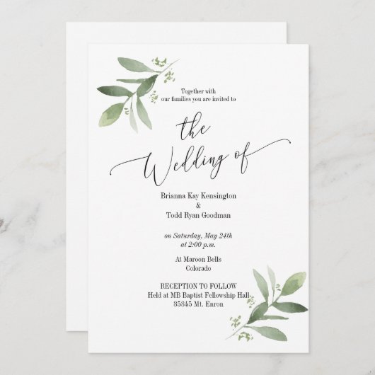 Waterverf Botanical Wedding Invitation Kaart (Voorkant / Achterkant)