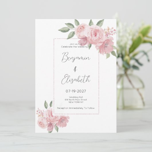 Waterverf botanicals pastel roze bloemenbruiloft kaart (Staand voorkant)