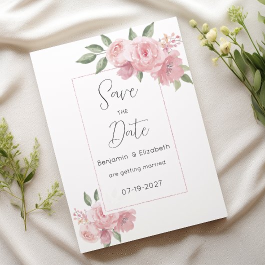 Waterverf botanicals roze bloemen Save the Date Kaart