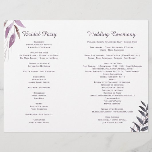 Waterverf Botanicals Wedding Programs (Achterkant)