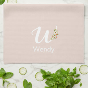 Waterverf botanisch beige initieel monogram theedoek