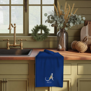 Waterverf botanisch blauwe initiaal monogram theedoek