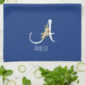 Waterverf botanisch blauwe initiaal monogram theedoek (Gevouwen)