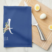 Waterverf botanisch blauwe initiaal monogram theedoek (Quarter Fold)