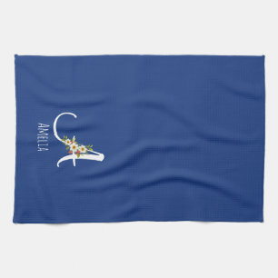 Waterverf botanisch blauwe initiaal monogram theedoek