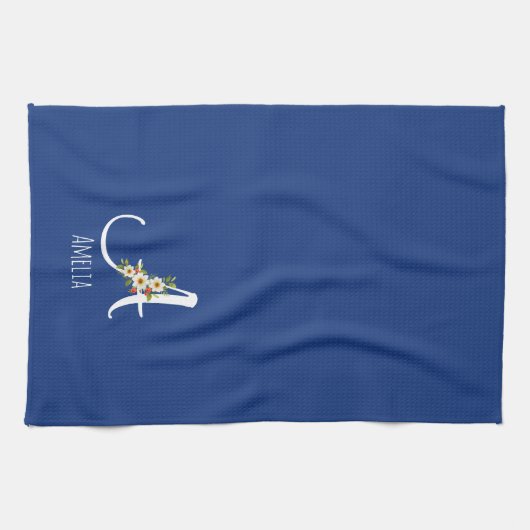 Waterverf botanisch blauwe initiaal monogram theedoek (Horizontaal)