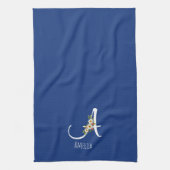 Waterverf botanisch blauwe initiaal monogram theedoek (Verticaal)