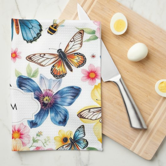 Waterverf botanisch bloemmotief monogrammed theedoek (Quarter Fold)