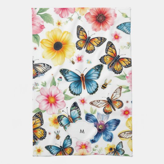 Waterverf botanisch bloemmotief monogrammed theedoek (Verticaal)