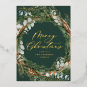 Waterverf botanisch elegant script kerst folie feestdagenkaart (Voorkant)