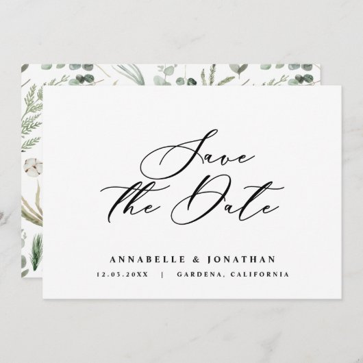 Waterverf botanisch elegant script, niet foto opsl save the date (Voorkant / Achterkant)