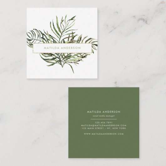 Waterverf botanisch gebladerte en gouden details vierkante visitekaartje (Voorkant / Achterkant)