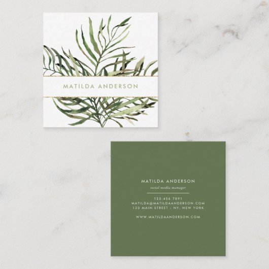 Waterverf botanisch gebladerte en gouden details vierkante visitekaartje (Voorkant / Achterkant)