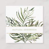 Waterverf botanisch gebladerte en gouden details vierkante visitekaartje (Voorkant)