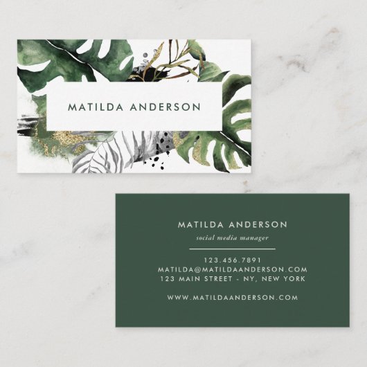 Waterverf botanisch gebladerte en gouden details visitekaartje (Voorkant / Achterkant)