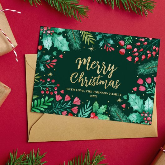 Waterverf Botanisch gebladerte kerst Folie Feestdagenkaart
