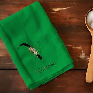 Waterverf botanisch groen initiaal monogram theedoek