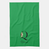 Waterverf botanisch groen initiaal monogram theedoek (Verticaal)
