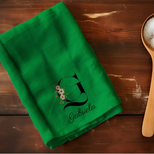 Waterverf botanisch groen initieel monogram theedoek