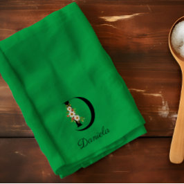 Waterverf botanisch groen initieel monogram theedoek
