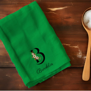 Waterverf botanisch groen initieel monogram theedoek