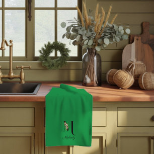 Waterverf botanisch groen initieel monogram theedoek