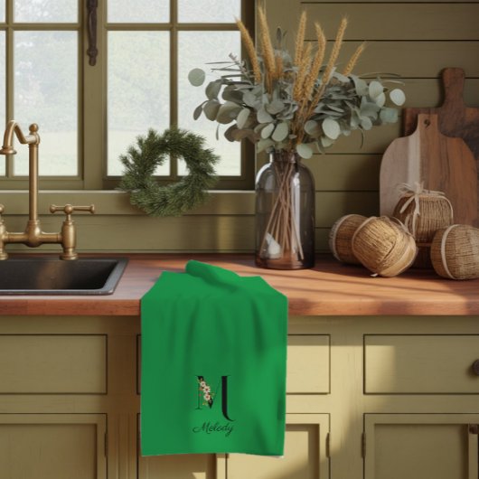 Waterverf botanisch groen initieel monogram theedoek