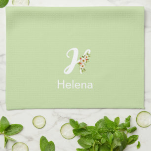 Waterverf botanisch groen initieel monogram theedoek