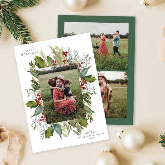 Waterverf Botanisch groen Lijst DRIE Foto Feestdagenkaart