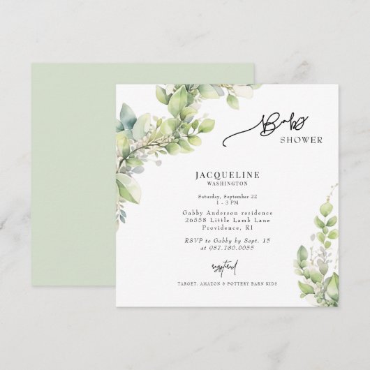 Waterverf Botanisch Licht Sage Vierkant Baby showe Kaart (Voorkant / Achterkant)