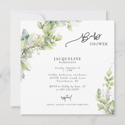 Waterverf Botanisch Licht Sage Vierkant Baby showe Kaart (Voorkant)