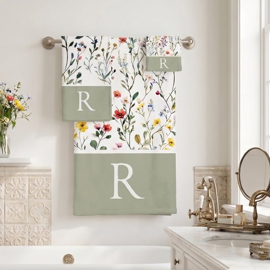 Waterverf botanisch monogram met wilde bloemen bad handdoek