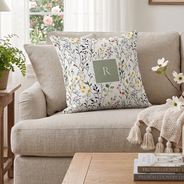 Waterverf botanisch monogram met wilde bloemen kussen (Creator heeft geüpload)