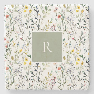 Waterverf botanisch monogram met wilde bloemen stenen onderzetter