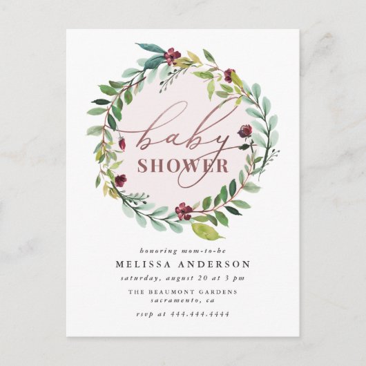 Waterverf Botanisch Roos Goud Baby shower Uitnodiging Briefkaart (Voorkant)