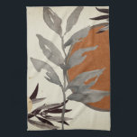 Waterverf Botanisch Sinaasappel Theedoek<br><div class="desc">De moderne keukenhanddoek is voorzien van een botanische artistieke waterverf in een oranje en grijs kleurenpalet met een waterverf blad en een geometrische cirkelsamenstelling met tinten van oranje en grijs met zwarte en goudaccenten op een linnen beige achtergrond. Voeg een stukje elegantie toe aan uw keuken met deze stijlvolle keukenhanddoek...</div>