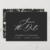 Waterverf botanisch zwart elegant script opslaan save the date (Voorkant / Achterkant)