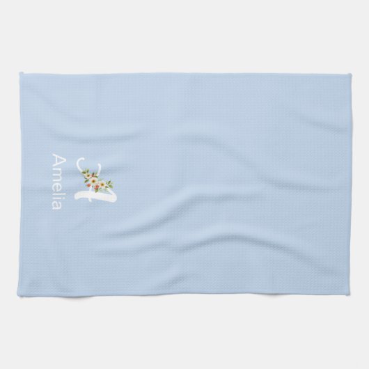 Waterverf botanisch zwart initiaal monogram blauw theedoek (Horizontaal)