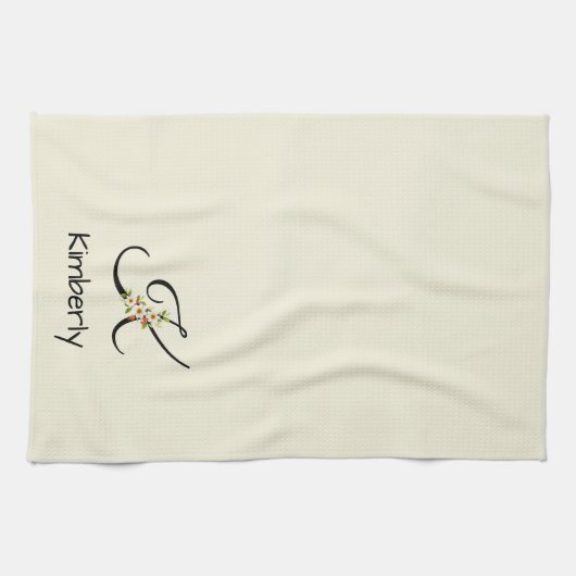 Waterverf botanisch zwart initiaal monogram theedoek (Horizontaal)