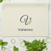 Waterverf botanisch zwart initiaal monogram theedoek (Gevouwen)