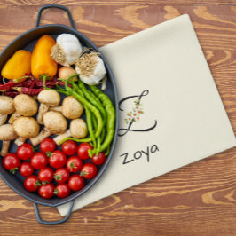 Waterverf botanisch zwart initiaal monogram theedoek